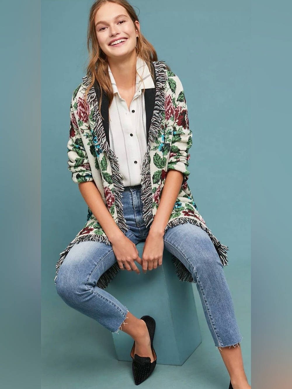 Anthropologie Aldomartins Floral Intarsia Fringe Sweater Coat Cardigan XS